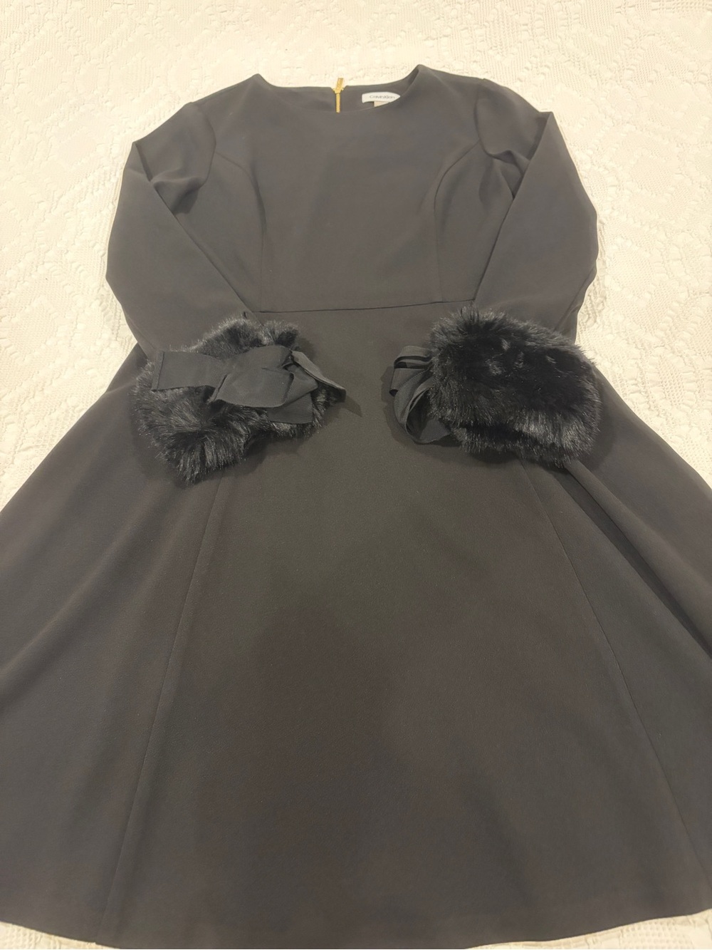 Calvin Klein Black Long-Sleeve Fit-and-Flare Dress with Faux Fur Cuffs